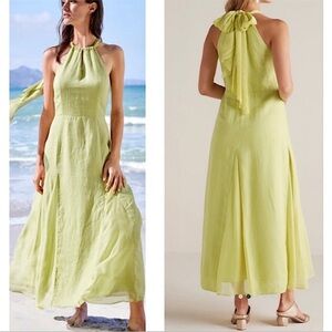 Soft Surroundings Soliloquy Linen Silk Halter Maxi Dress Petite Large Chartreuse